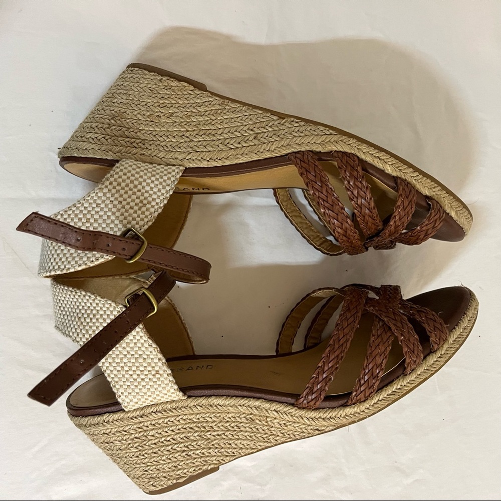 Brown and tan cork wedges earthy costal toned summer sandals strappy braided